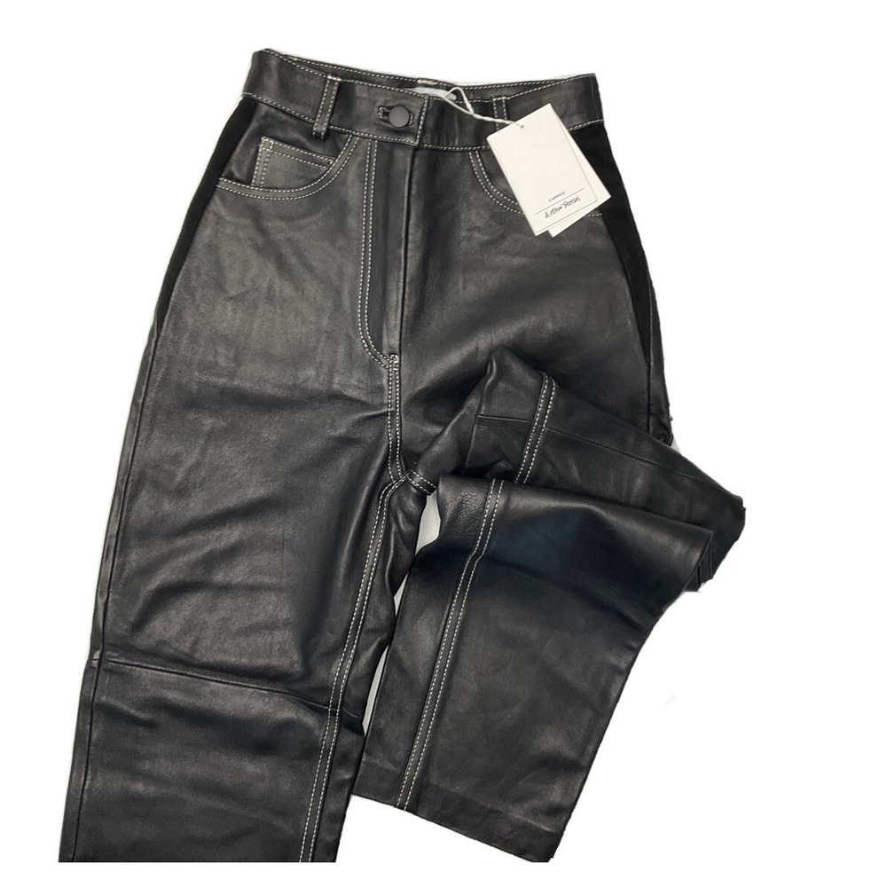 & Other Stories Nappa Leather Pants Womens Sz 0 Black Contrast Stitch Trousers